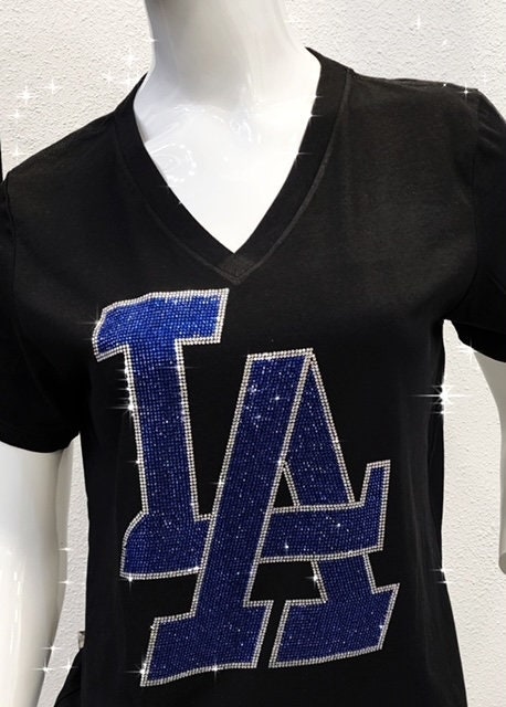 Women's Los Angeles Dodgers Rhinestone Baseball V-neck T-Shirt Tee Bling  Lady