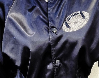 Custom satin football jacket, rhinestone football bomber, bling team name, custom football fan, sparkle favorite team, fan Mom, game day