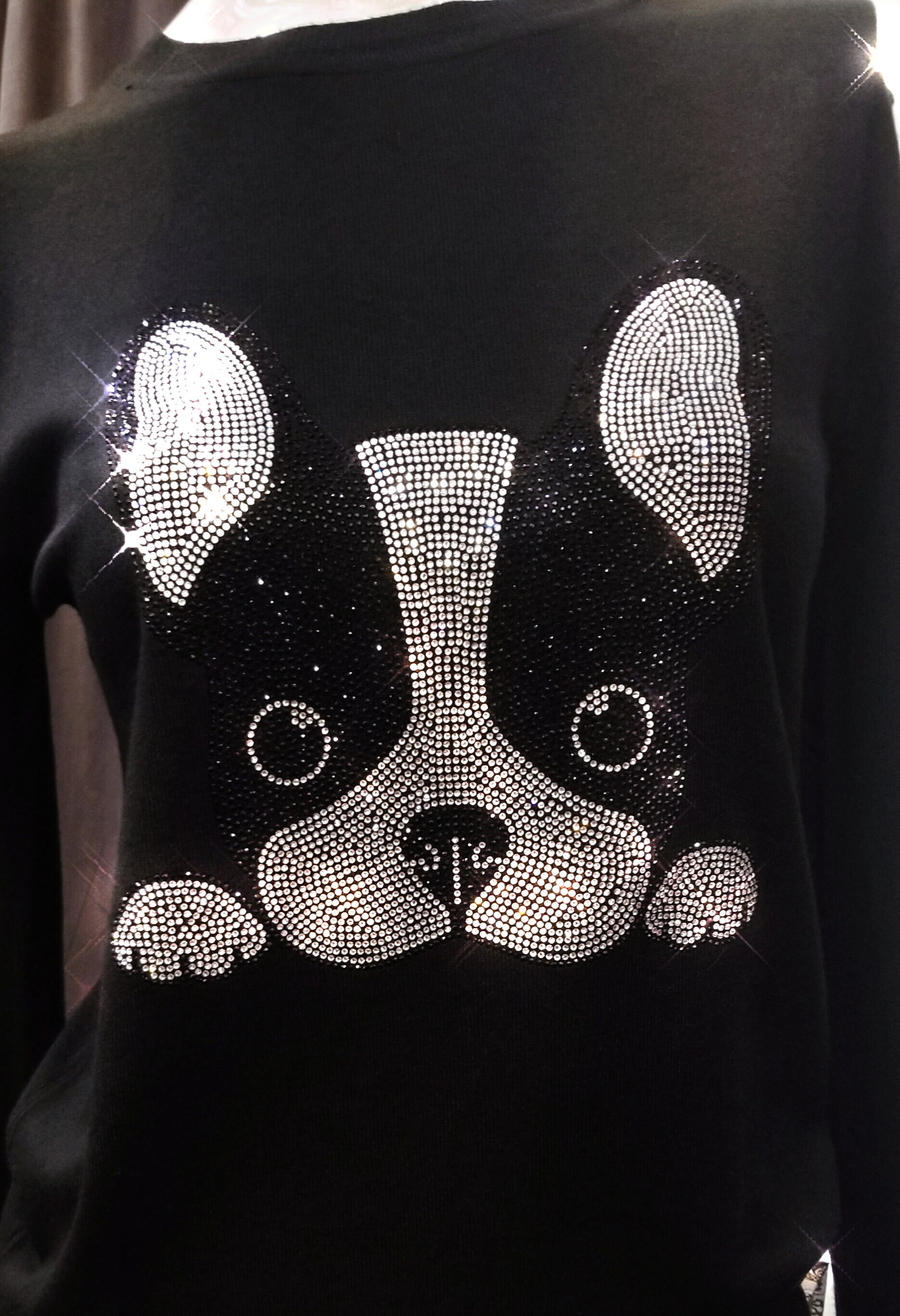 JadesFashions Boston Terrier Rhinestone, Bling Blk/Wht Dog, Dog Lover Ladies Sweater, Super Sparkle Dog, Crystal Terrier, Bling Dog Mom
