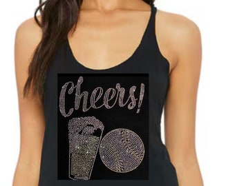 Bling baseball beer ladies tank, all American, cold one at the game, rhinestone cuteness, game day tank, happy hour, day drinking, let's go