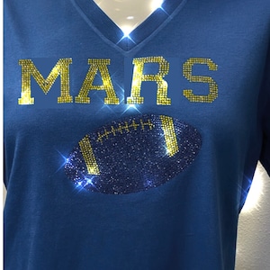 Ladies custom rhinestone football shirt, v-neck with team and football, customize name and colors, cute game day t-shirt, football fan