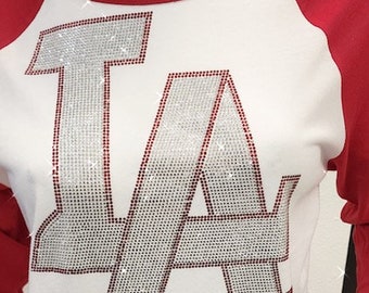 Bling LA ladies shirt, Sale!, white red baseball tee, Super sparkle LA top, bling baseball top, LA fan t-shirt, heavenly colors,Medium