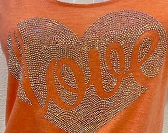 Rhinestone love heart tank, Bling cool love top, cute orange sparkle love tee, love is love tank top, ladies white love sexy tank, shiny