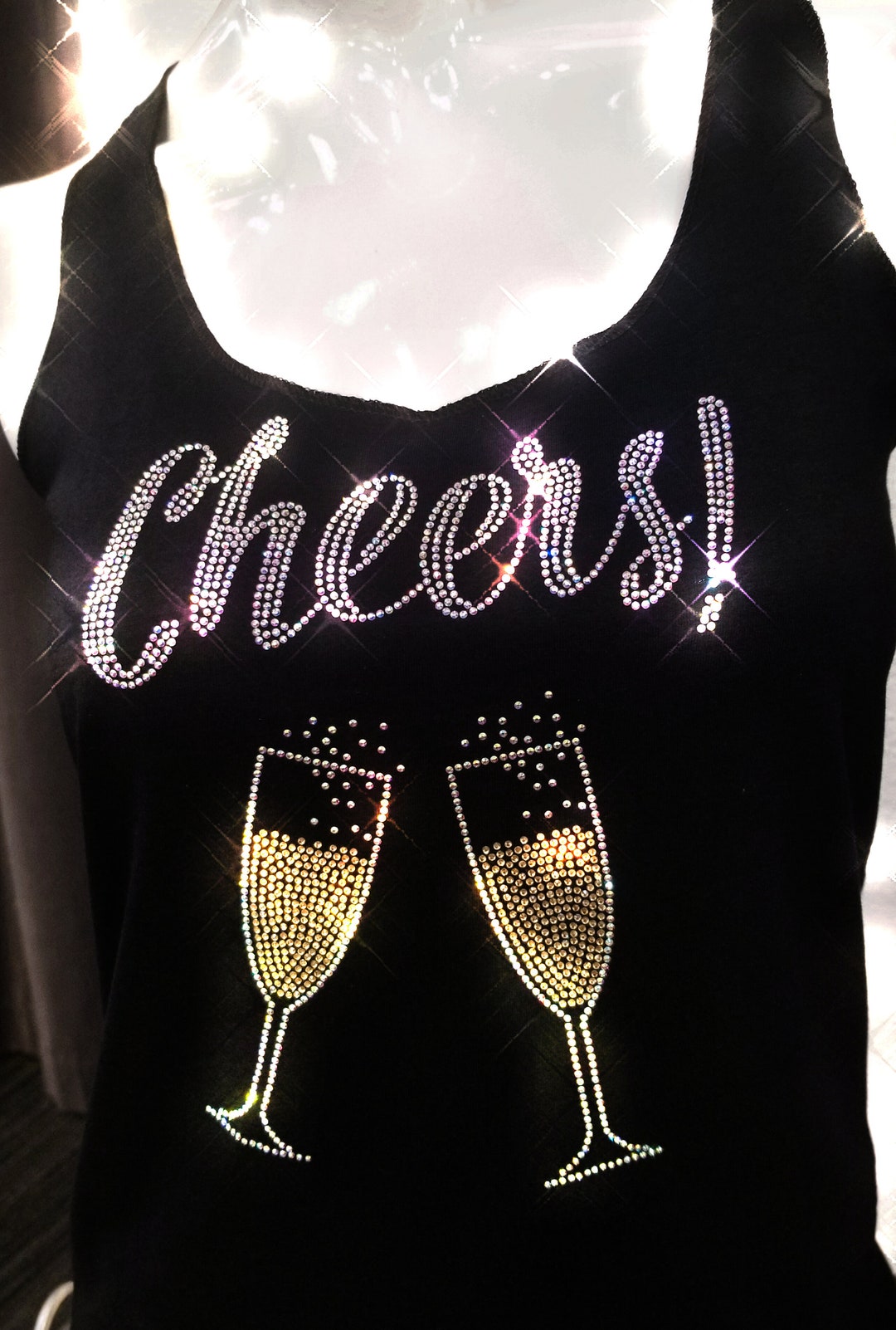 Rhinestone Champagne Tank, Cheers Bling Tank, Ladies Rhinestone Cheers ...