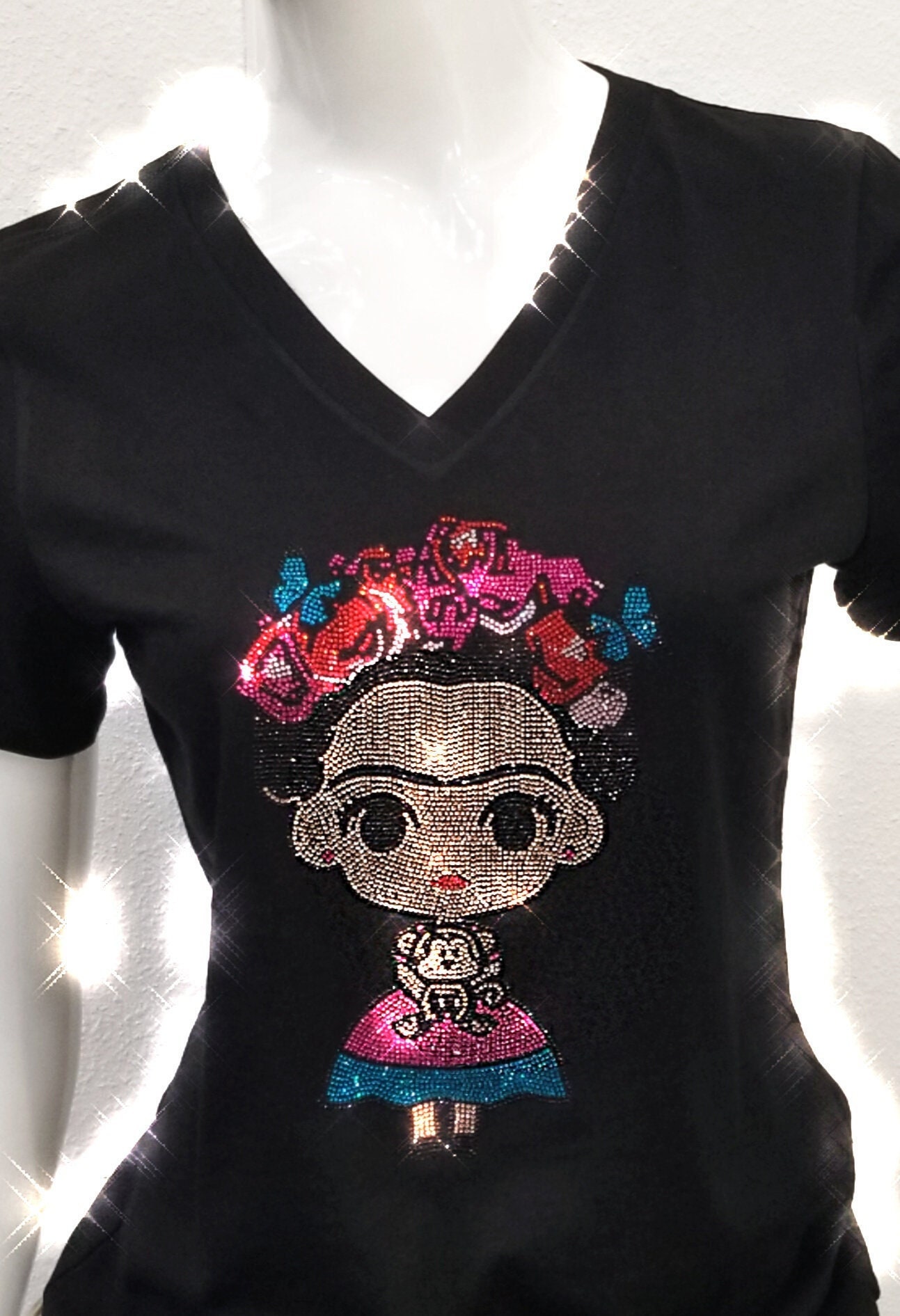 Linda camisa de pedreria Frida Kahlo latina colorida Bling camisa mexicana camisa personalizada flores bling mariposas mono Etsy Espana