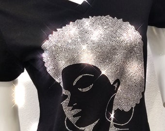 Bling Afro lady t-shirt, Stunning elegant woman top, celebrate your beauty, rhinestone tee, sparkle black is beautiful, proud all natural