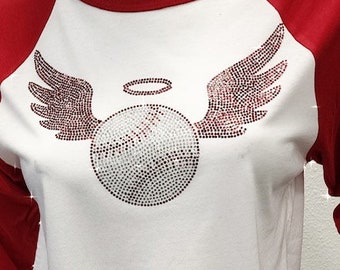 Bling LA heavenly baseball shirt, rhinestone angel wings and halo, white and red women's baseball jersey, Mom baseball fan, cute game day