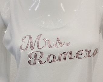 Bride name tank, Mrs. rhinestone racer back, Bridal gift, Bride to be, Mrs. Gift, Wedding sparkle, unique custom shirt, personalized cute