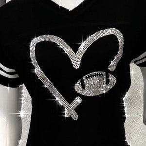 Bling bling football lover top, pretty fan jersey, cute and sporty, ladies black rhinestone, sparkle at the game, make football fun, Large