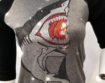 Jaws Bling shirt, Rhinestone Shark Baseball Tee, Crystal Shark on Ladies Baseball T, Shark Bling Applique on Baseball Top, Super Cool Shark