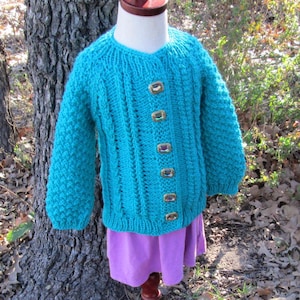 Hand-knit Teal Toddler Cardigan: Acrylic Jacket, Age 3