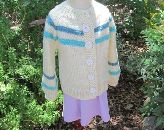 Beige Toddler Jacket 2T, Blue-Green Striped Sweater, Handknit Seamless Layer for Spring and Fall