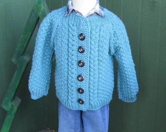 Handknit Children’s Jacket – Medium Teal, Ages 2–3 years, Soft Acrylic Yarn, Spring‑Ready