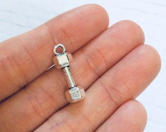4 Silver Dumbbell Charms / Weight / Barbell / Dumbell Gym / Bodybuilding / Fitness / Charm / Pendant / Jewelry / Metal / Antique Silver