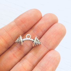 4 Silver Barbell Charms / Dumbbell / Weight / Gym / Bodybuilding / Fitness / Charm / Pendant / Jewelry / Metal / Antique Silver
