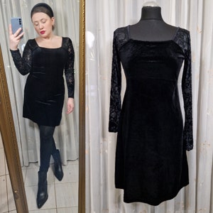 90s Vintage Black Velvet Dress with Floral Sleeves image 1