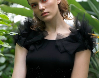 Designer Upcycled T-Shirt: Black Cotton, Ruffle Tulle Sleeves, Swarovski Crystals