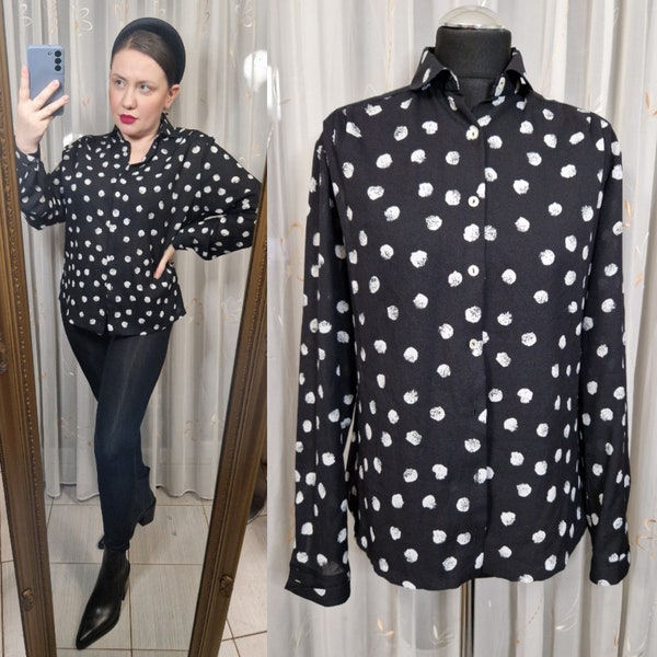 Blouse vintage des années 90 à pois noir et blanc