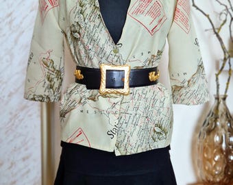 80s/90s Vintage Beige World Map Print Blouse