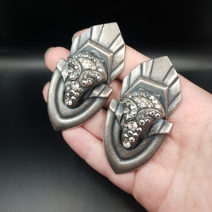 80s/90s Vintage ASKEW silver earrings with geometric designs and clear rhinestones.