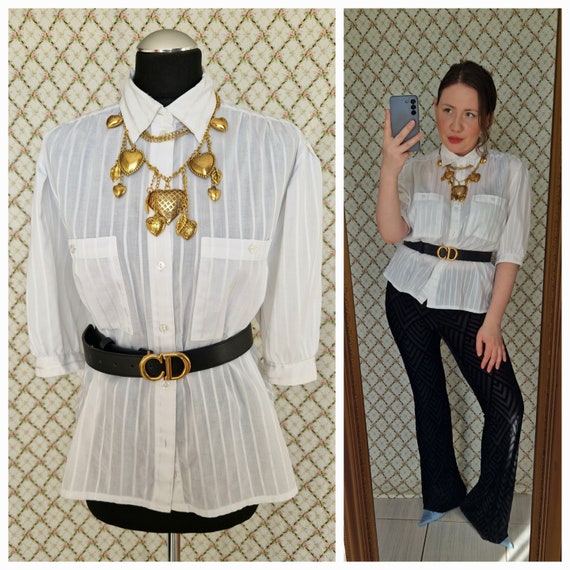 80s/90s Vintage White Striped Shirt with Puff Slee