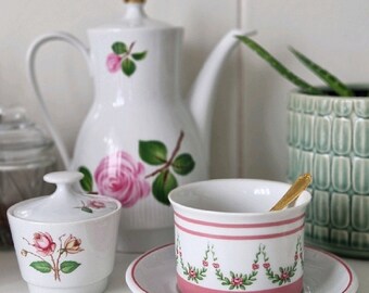 80s Vintage Eschenbach Bavarian Porcelain white cup and sugar bowl with Roses