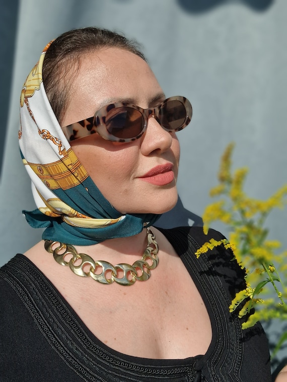 Foulard GIORDANI Vintage En Polyester - 85x89 Cm, Violet Et Ocre, Style Bandana Ou Carré