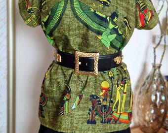 Vintage 90s Khaki Green Egyptian Print Shirt – Deadstock Graphic Cotton Blouse