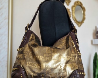 00s Vintage Just Cavalli Monogram Canvas Gold and Brown Leather Shoulder Bag