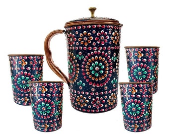 Copper water jug with 4 drinkware glass ,hand painted art work outside