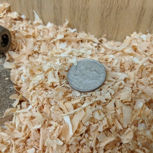 May include: A quarter coin rests on a bed of light-colored wood shavings. A drill chuck is visible in the upper left corner. The wood shavings are a light brown color, and the coin is silver.