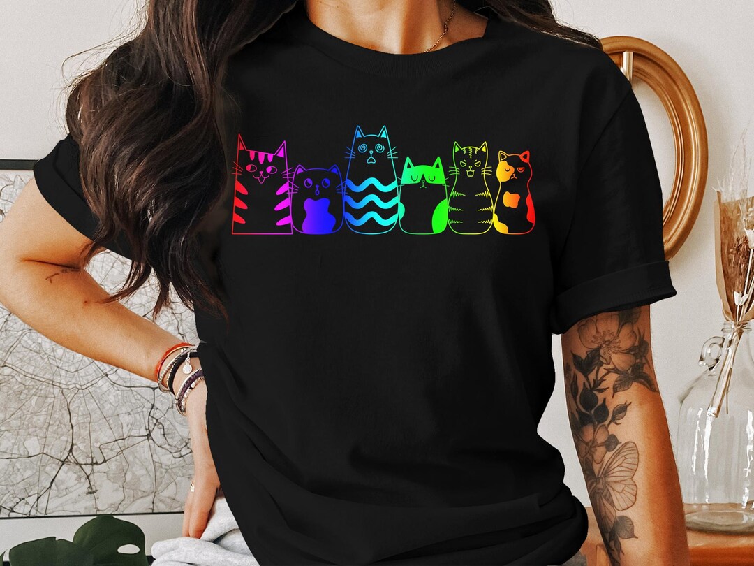 Colorful Cat Line Art Tshirt, Cute Rainbow Kittens Tee, Fun Casual