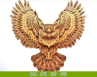 Multilayer owl mandala home decor wall art, SVG DXF EPS file for laser cutter, multilayer model, 3d owl