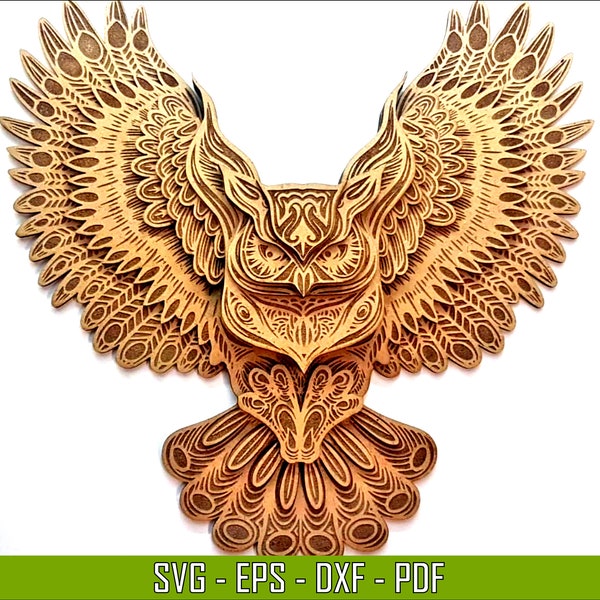 Multilayer owl mandala home decor wall art, SVG DXF EPS file for laser cutter, multilayer model, 3d owl