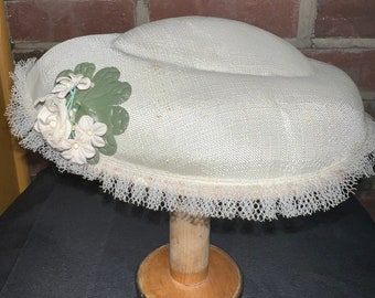 White Straw Lace Trimmed Calot Juliet Cap with Silk Flower