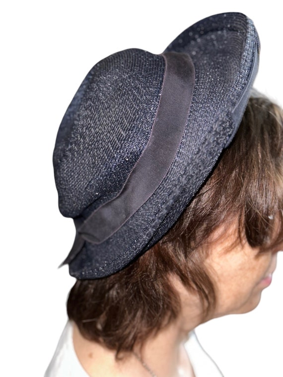 Black/Blue Sheen Straw Bowed Sun Hat - image 3