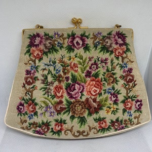 Petit Point White with Pink and Red Flowers New Old Stock Evening Bag