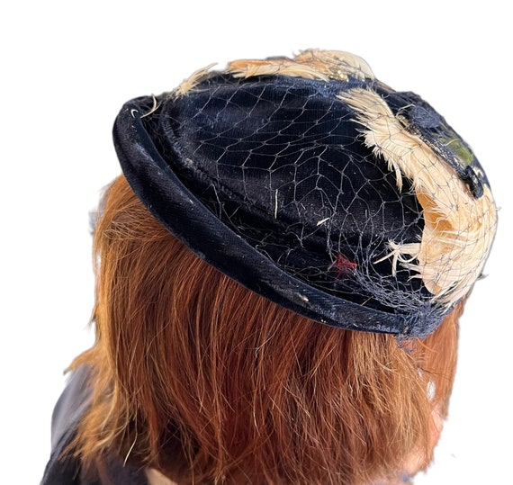 Blue Velvet Juliet Cap Fascinator with Feathers, … - image 6