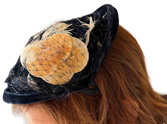 Blue Velvet Juliet Cap Fascinator with Feathers, … - image 1