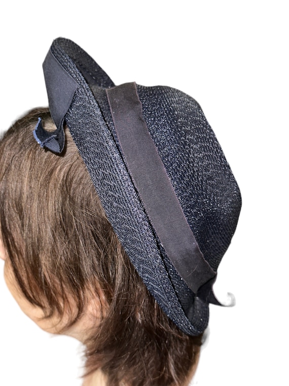 Black/Blue Sheen Straw Bowed Sun Hat - image 1