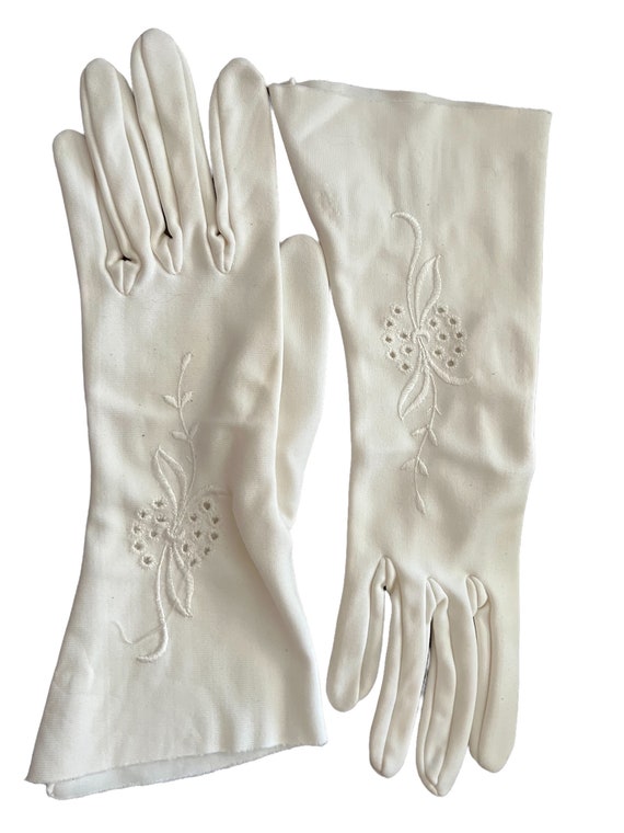 Long Off White Embroidered Vintage Gloves - image 2