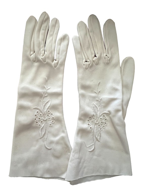 Long Off White Embroidered Vintage Gloves - image 1