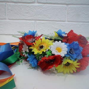 Ukrainian wreath with ribbons, Ukrainian style, large flower crown, Ukrainian hair crown, wedding flowers, holiday crown, Field flower crown