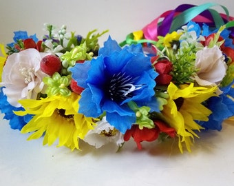 Exuberante corona ucraniana Decoración para el cabello Corona con amapolas Corona de flores grande Atuendo popular ucraniano para la cabeza para mujeres