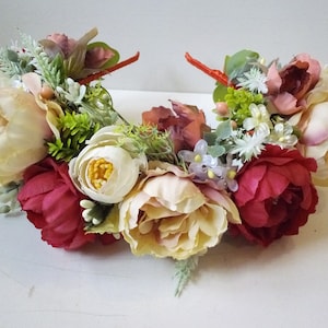 Coroa de flores grandes, coroa de flores vermelhas, coroa de casamento, guirlanda de flores, acessórios de cabelo boho.
