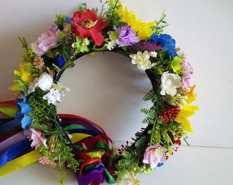 Tocado nacional ucraniano con cintas, corona para el cabello ucraniana, flores de boda, corona festiva, corona de flores de campo