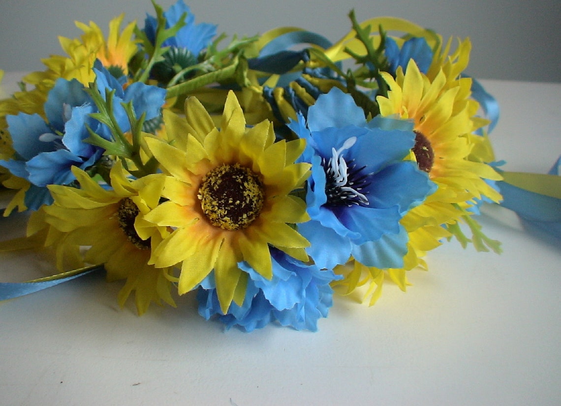 Puffy Ukrainian Wreath Hair Ornament Wreath With Sunflowers Etsy