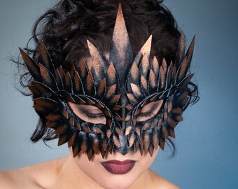 Small Black Mask, Gold Tipped, Masquerade Masks Women, Burning Man, Faux Leather Mask, Bird Mask, Mardi Gras Masks, Fetish Mask, Unisex Mask