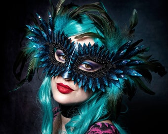 Masque Plume bleue, Masque de mascarade, Masques de mascarade pour femmes, Masque d'oiseau, Masques de Mardi Gras