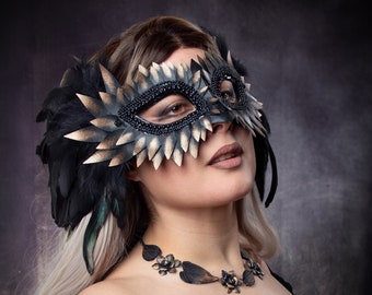 Gold Tipped Black Feather Mask, Gold Tipped Chimera Mask
